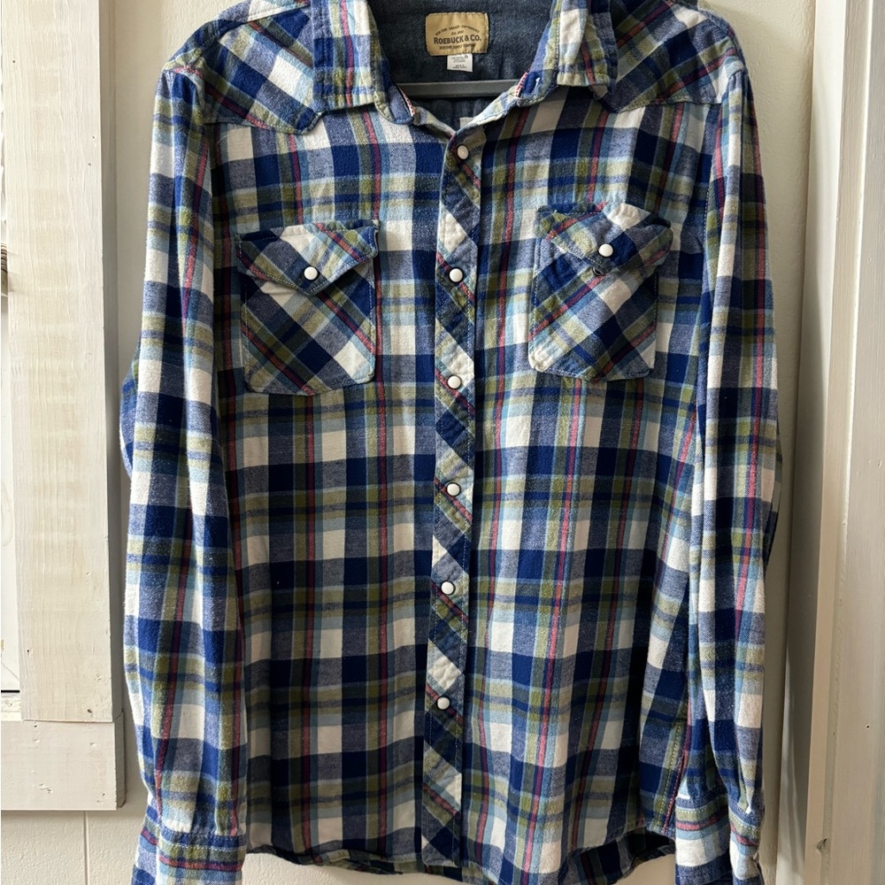 Roebuck & Co Blue and Green Plaid Shirt